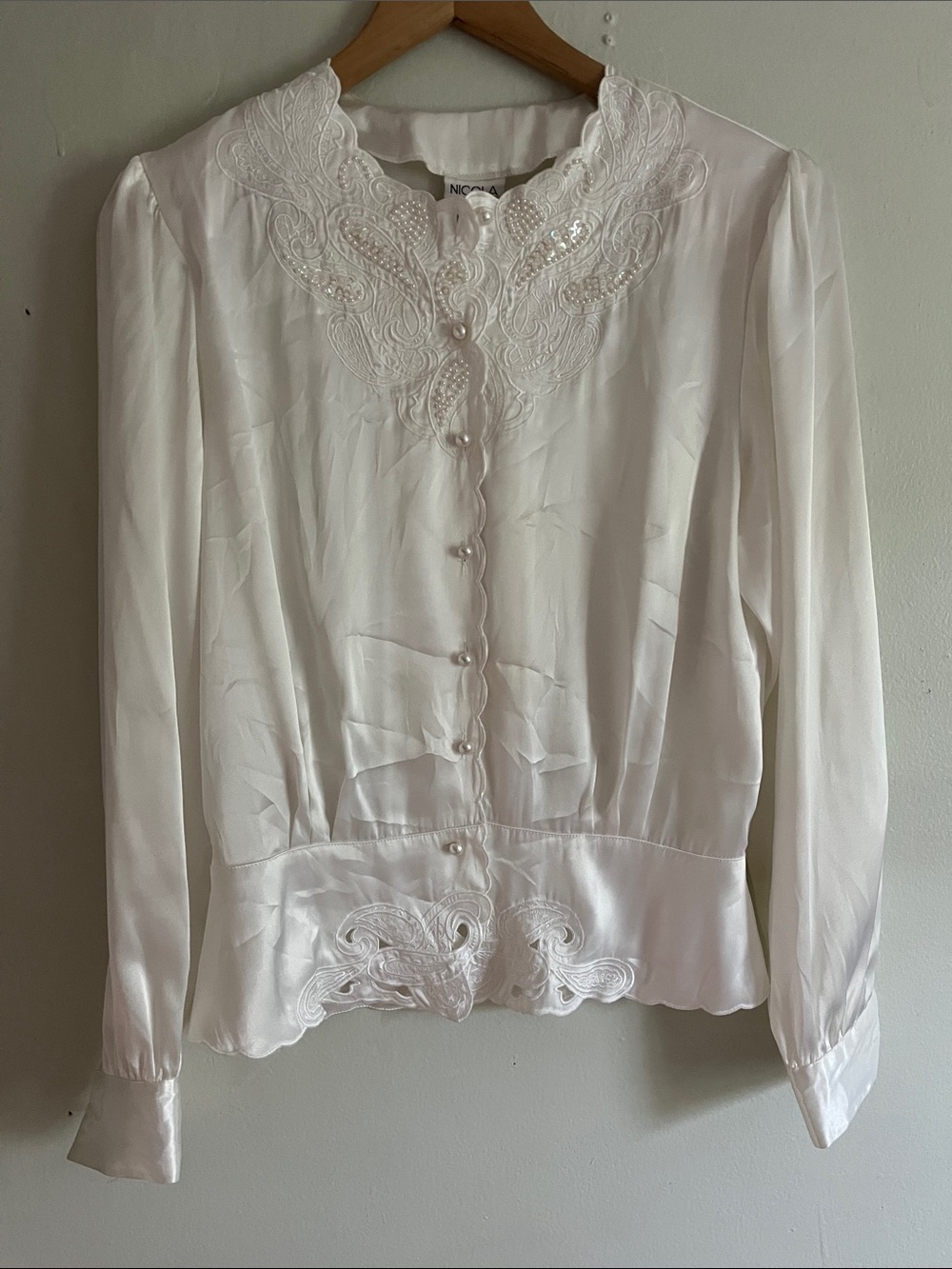 NICOLA Ivory Satin Lace-Trim Button Blouse